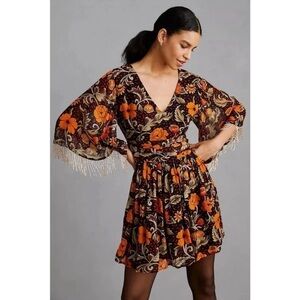 Anthropologie VERB By Pallavi Singhee Fringed Floral Beaded Mini Dress NWT